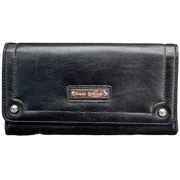 Etienne Aigner Vintage Soft Black Leather Silver Hardware Tri-Fold Wallet - Picture 1 of 7